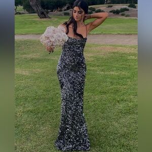 Mac Duggal Strappy Back Black and Silver Sequin Gown